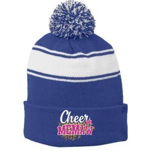 Cheer Memaw Biggest Fan Leopard Print And Pom Pom Gift Stripe Pom Pom Beanie