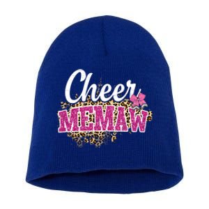 Cheer Memaw Biggest Fan Leopard Print And Pom Pom Gift Short Acrylic Beanie