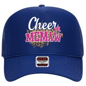 Cheer Memaw Biggest Fan Leopard Print And Pom Pom Gift High Crown Mesh Back Trucker Hat