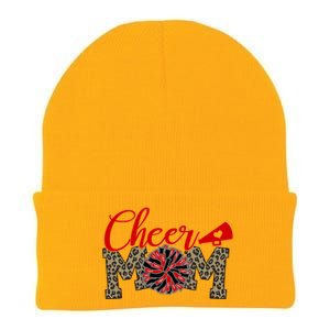 Cheer Mom Biggest Fan Leopard Print Black And Red Pom Pom Gift Knit Cap Winter Beanie