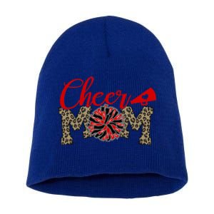 Cheer Mom Biggest Fan Leopard Print Black And Red Pom Pom Gift Short Acrylic Beanie