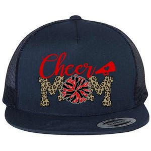 Cheer Mom Biggest Fan Leopard Print Black And Red Pom Pom Gift Flat Bill Trucker Hat