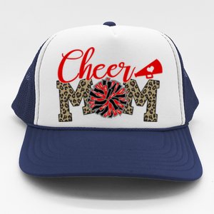 Cheer Mom Biggest Fan Leopard Print Black And Red Pom Pom Gift Trucker Hat