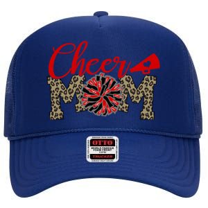 Cheer Mom Biggest Fan Leopard Print Black And Red Pom Pom Gift High Crown Mesh Back Trucker Hat