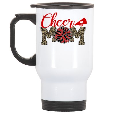 Cheer Mom Biggest Fan Leopard Print Black And Red Pom Pom Gift Stainless Steel Travel Mug