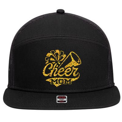 Cheer Mom Biggest Fan Cheerleader Black Yellow Gold Pom Pom 7 Panel Mesh Trucker Snapback Hat