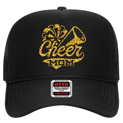 Cheer Mom Biggest Fan Cheerleader Black Yellow Gold Pom Pom High Crown Mesh Back Trucker Hat