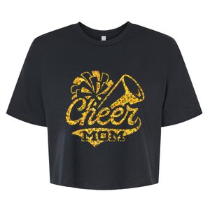 Cheer Mom Biggest Fan Cheerleader Black Yellow Gold Pom Pom Bella+Canvas Jersey Crop Tee