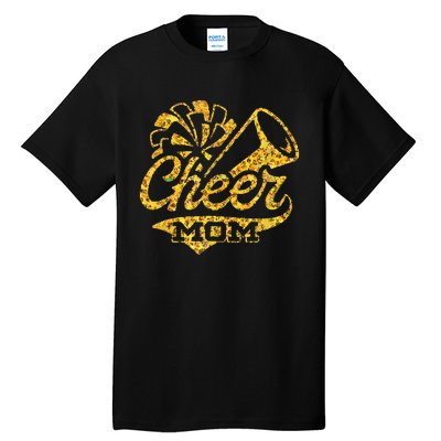 Cheer Mom Biggest Fan Cheerleader Black Yellow Gold Pom Pom Tall T-Shirt