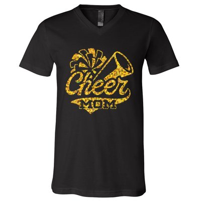 Cheer Mom Biggest Fan Cheerleader Black Yellow Gold Pom Pom V-Neck T-Shirt