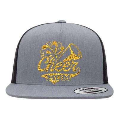 Cheer Mom Biggest Fan Cheerleader Black Yellow Gold Pom Pom Flat Bill Trucker Hat