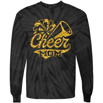 Cheer Mom Biggest Fan Cheerleader Black Yellow Gold Pom Pom Tie-Dye Long Sleeve Shirt