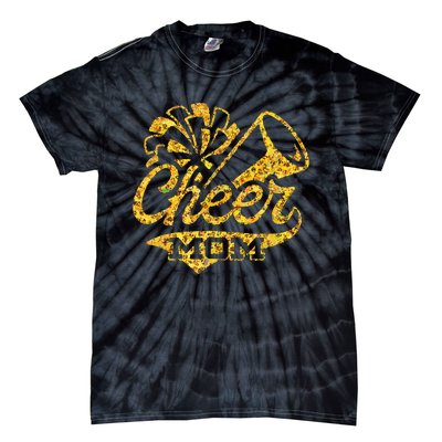 Cheer Mom Biggest Fan Cheerleader Black Yellow Gold Pom Pom Tie-Dye T-Shirt