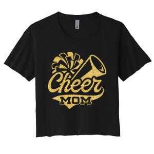 Cheer Mom Biggest Fan Cheerleader Black Yellow Gold Pom Pom Women's Crop Top Tee