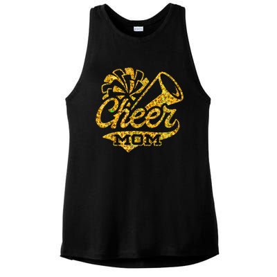 Cheer Mom Biggest Fan Cheerleader Black Yellow Gold Pom Pom Ladies PosiCharge Tri-Blend Wicking Tank