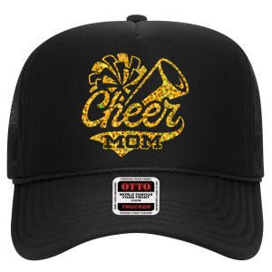 Cheer Mom Biggest Fan Cheerleader Black Yellow Gold Pom Pom High Crown Mesh Back Trucker Hat