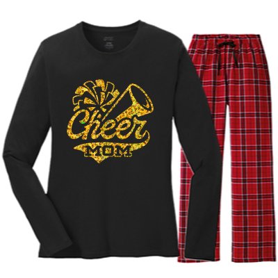 Cheer Mom Biggest Fan Cheerleader Black Yellow Gold Pom Pom Women's Long Sleeve Flannel Pajama Set 