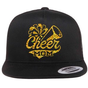 Cheer Mom Biggest Fan Cheerleader Black Yellow Gold Pom Pom Flat Bill Trucker Hat