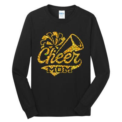 Cheer Mom Biggest Fan Cheerleader Black Yellow Gold Pom Pom Tall Long Sleeve T-Shirt