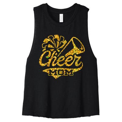 Cheer Mom Biggest Fan Cheerleader Black Yellow Gold Pom Pom Women's Racerback Cropped Tank