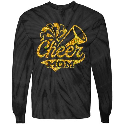 Cheer Mom Biggest Fan Cheerleader Black Yellow Gold Pom Pom Tie-Dye Long Sleeve Shirt