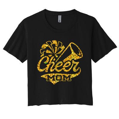 Cheer Mom Biggest Fan Cheerleader Black Yellow Gold Pom Pom Women's Crop Top Tee