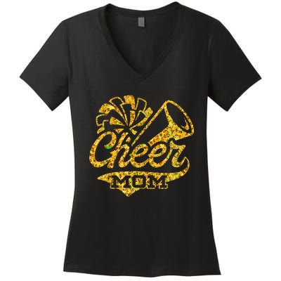 Cheer Mom Biggest Fan Cheerleader Black Yellow Gold Pom Pom Women's V-Neck T-Shirt