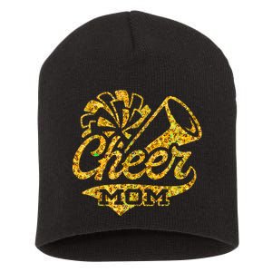 Cheer Mom Biggest Fan Cheerleader Black Yellow Gold Pom Pom Short Acrylic Beanie