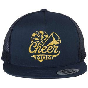 Cheer Mom Biggest Fan Cheerleader Black Yellow Gold Pom Pom Flat Bill Trucker Hat