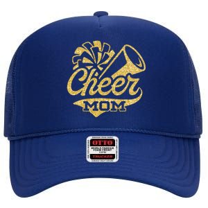 Cheer Mom Biggest Fan Cheerleader Black Yellow Gold Pom Pom High Crown Mesh Back Trucker Hat