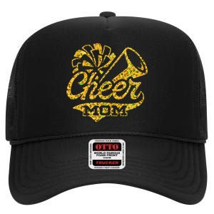 Cheer Mom Biggest Fan Cheerleader Black Yellow Gold Pom Pom Gift High Crown Mesh Back Trucker Hat