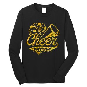 Cheer Mom Biggest Fan Cheerleader Black Yellow Gold Pom Pom Gift Long Sleeve Shirt