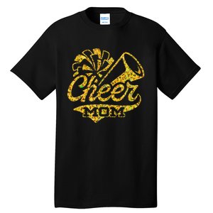 Cheer Mom Biggest Fan Cheerleader Black Yellow Gold Pom Pom Gift Tall T-Shirt