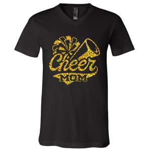 Cheer Mom Biggest Fan Cheerleader Black Yellow Gold Pom Pom Gift V-Neck T-Shirt