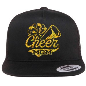 Cheer Mom Biggest Fan Cheerleader Black Yellow Gold Pom Pom Gift Flat Bill Trucker Hat