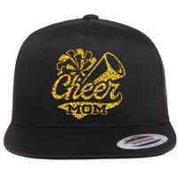 Cheer Mom Biggest Fan Cheerleader Black Yellow Gold Pom Pom Gift Flat Bill Trucker Hat