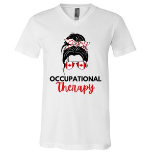 Canadian Messy Bun Occupational Therapy OT Therapist Assisstant V-Neck T-Shirt