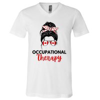 Canadian Messy Bun Occupational Therapy OT Therapist Assisstant V-Neck T-Shirt