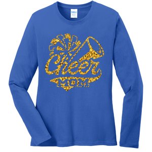 Cheer Mom Biggest Fan Cheerleader Black Yellow Gold Pom Pom Ladies Long Sleeve Shirt