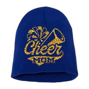 Cheer Mom Biggest Fan Cheerleader Black Yellow Gold Pom Pom Short Acrylic Beanie