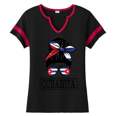 Cubanita Messy Bun Cuban Flag Cuba Ladies Halftime Notch Neck Tee