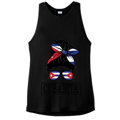 Cubanita Messy Bun Cuban Flag Cuba Ladies PosiCharge Tri-Blend Wicking Tank