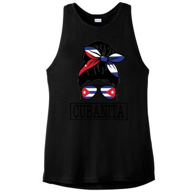 Cubanita Messy Bun Cuban Flag Cuba Ladies PosiCharge Tri-Blend Wicking Tank