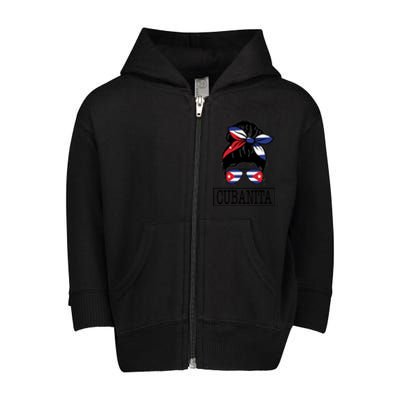 Cubanita Messy Bun Cuban Flag Cuba Toddler Zip Fleece Hoodie