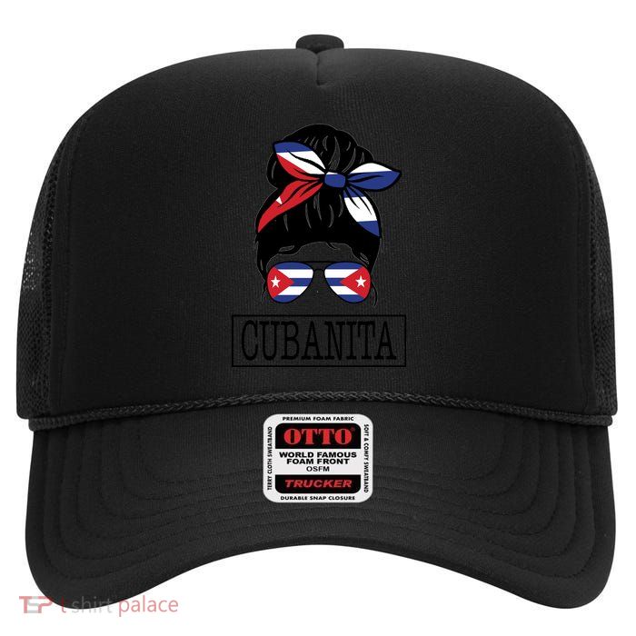 Cubanita Messy Bun Cuban Flag Cuba High Crown Mesh Back Trucker Hat