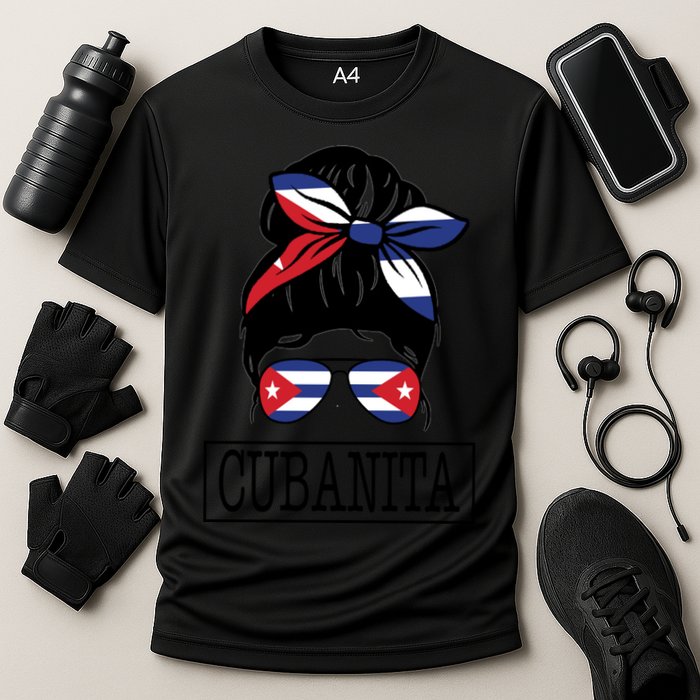 Cubanita Messy Bun Cuban Flag Cuba Cooling Performance Crew T-Shirt