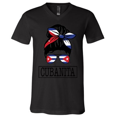 Cubanita Messy Bun Cuban Flag Cuba V-Neck T-Shirt