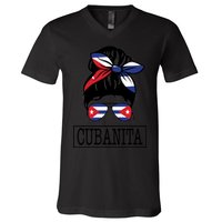 Cubanita Messy Bun Cuban Flag Cuba V-Neck T-Shirt