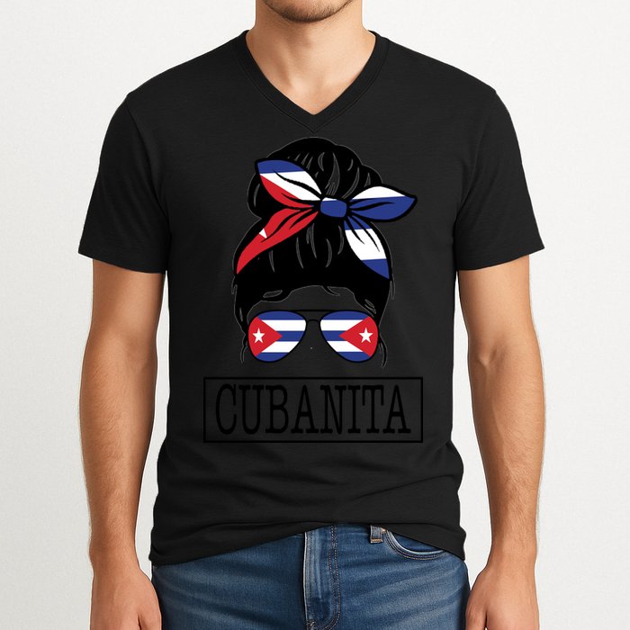 Cubanita Messy Bun Cuban Flag Cuba V-Neck T-Shirt