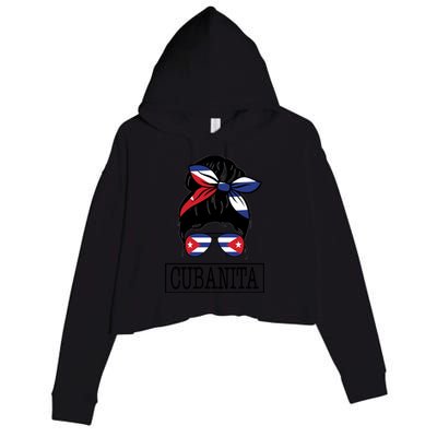 Cubanita Messy Bun Cuban Flag Cuba Crop Fleece Hoodie